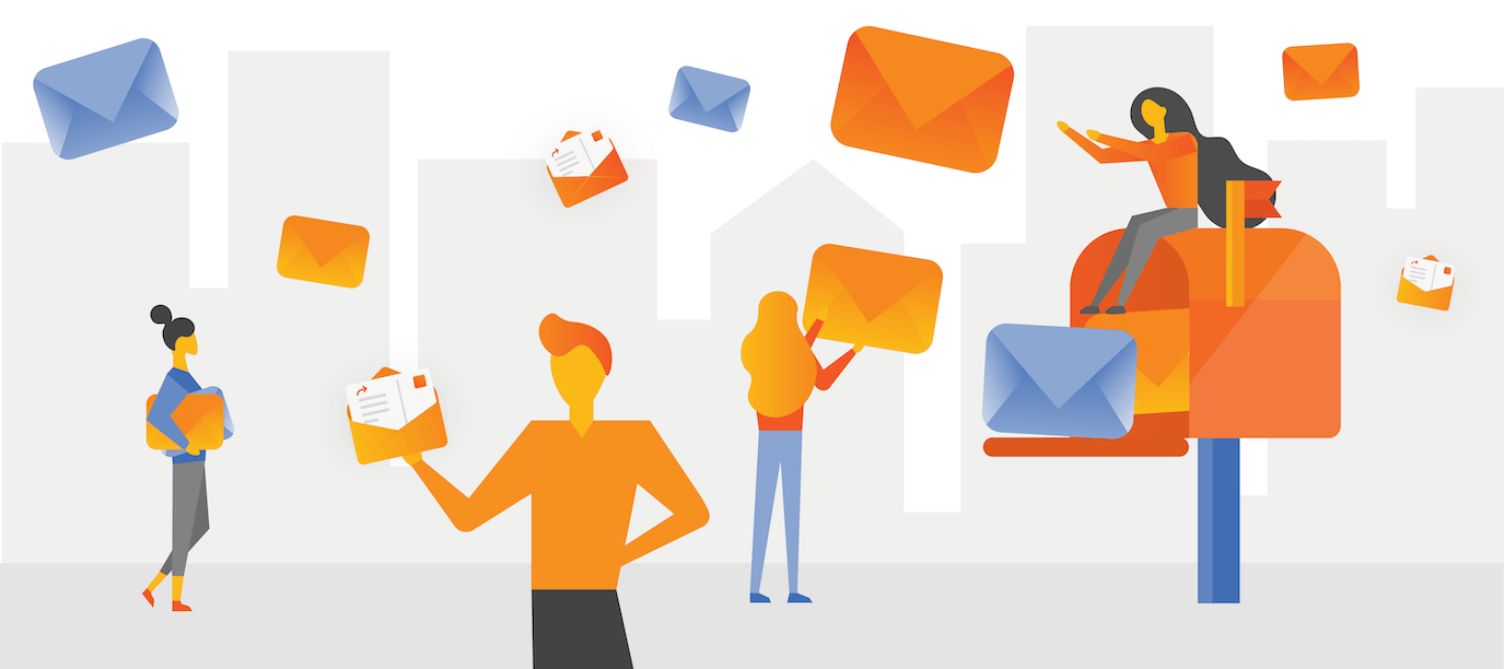 Illustration of a few people surrounded by floating envelopes