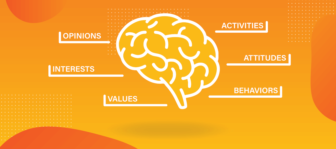 Brain with lines leading to the words: opinions, activities, interests, attitudes, values, and behaviors